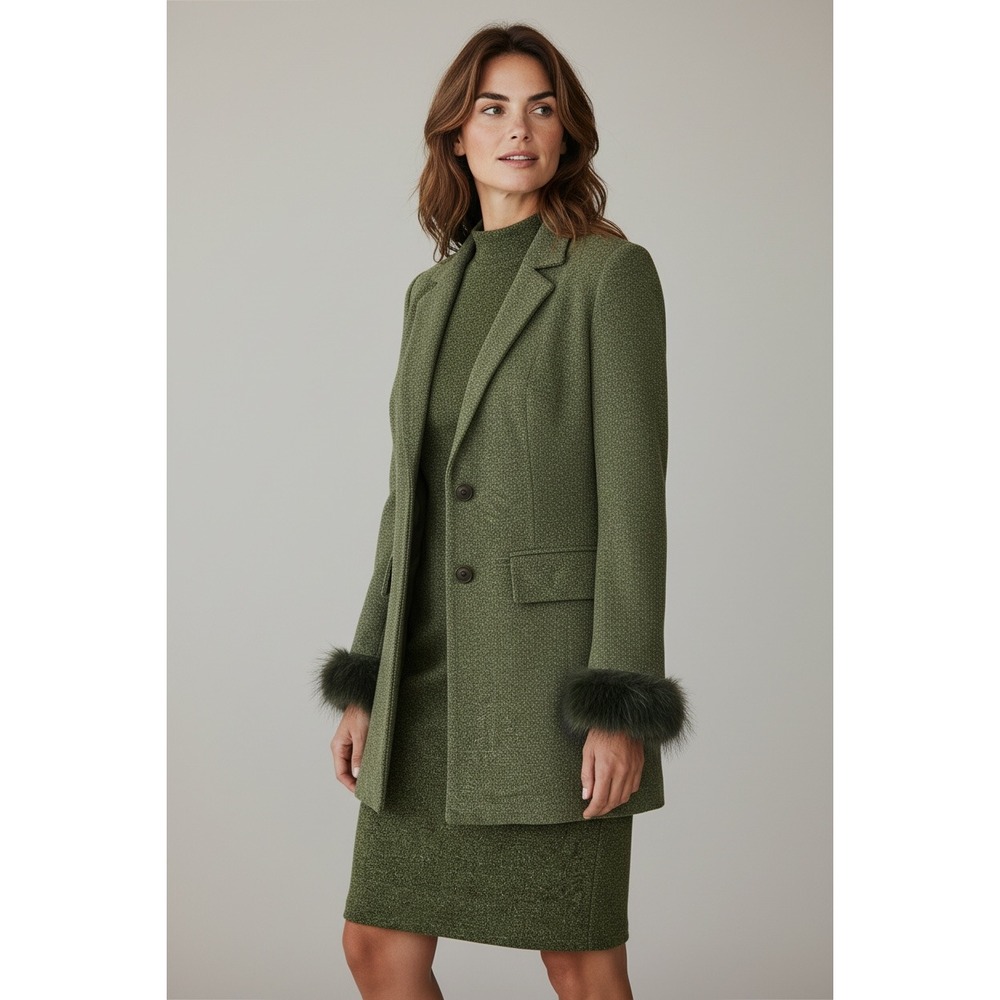 Vintage Cache Two-Piece Dress & Blazer Set Womens 6 Green Faux Fur Cuffs Formal